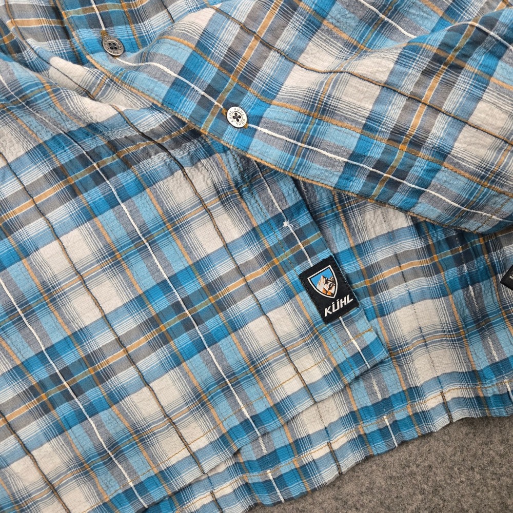 KUHL Seersucker Shirt Mens XL Blue Plaid Short Sleeve Button Up Hiking Gorpcore - Picture 3 of 10